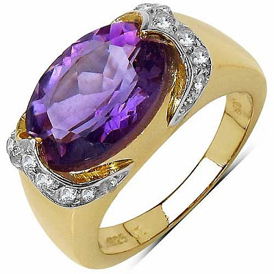 4.98CTW Genuine Amethyst & White Topaz 14K Yellow Gold Plated .925 Sterling Silver Ring