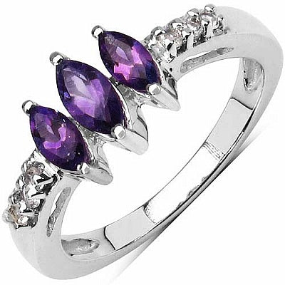 0.58CTW Genuine Amethyst & White Topaz .925 Sterling Silver 3 Stone Ring