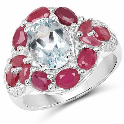 4.25CTW Genuine Aquamarine, Ruby & White Topaz .925 Sterling Silver Ring