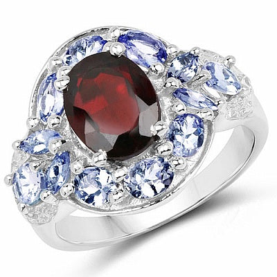 4.16CTW Genuine Garnet, Tanzanite & White Topaz .925 Sterling Silver Ring