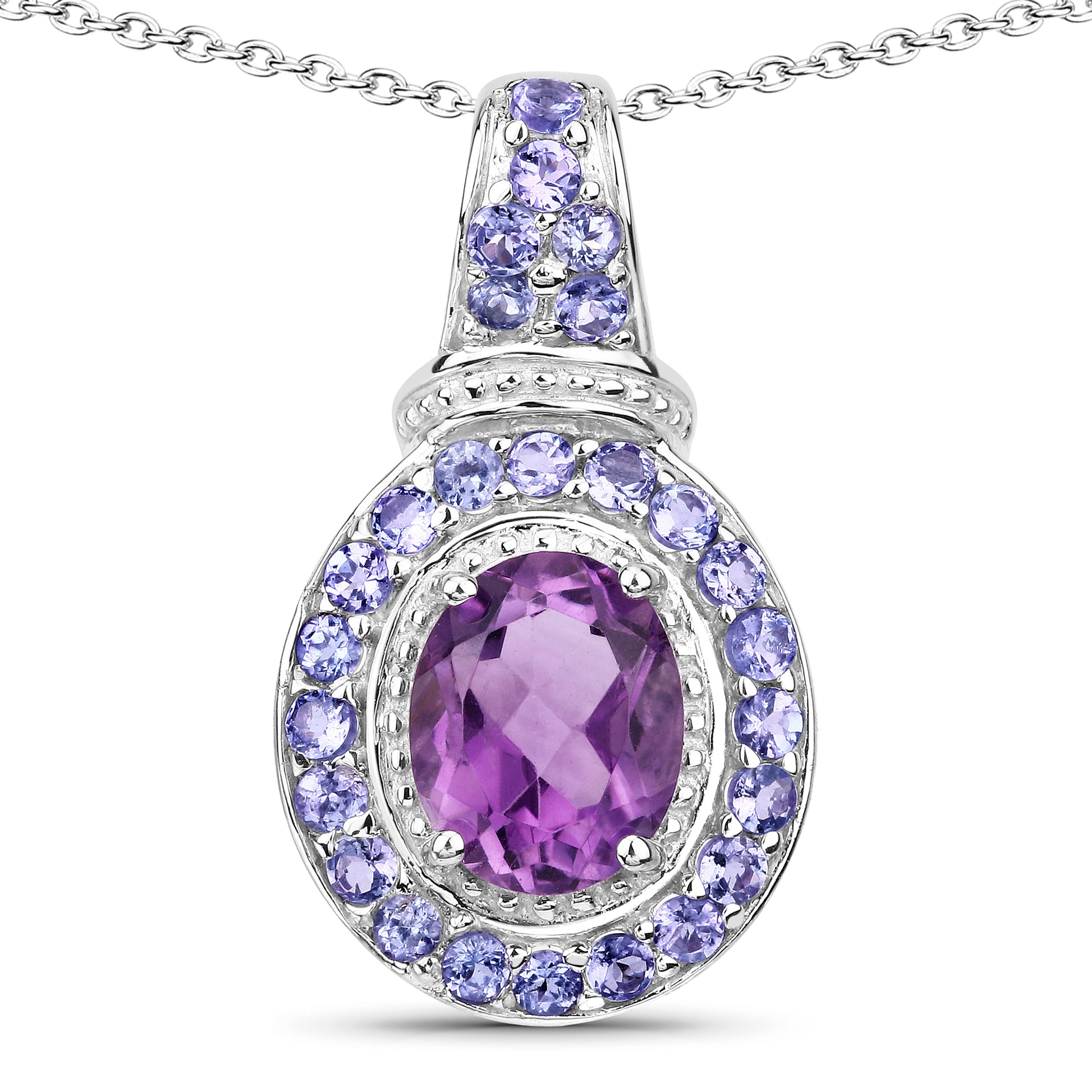 Genuine Amethyst and Tanzanite Sterling Silver Halo Pendant