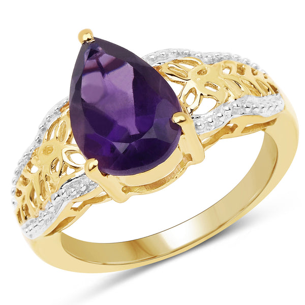 Genuine 14K Yellow Gold Plated Amethyst Sterling Silver Ring
