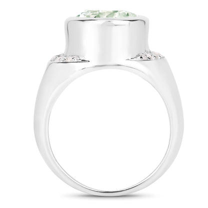 Genuine Green Amethyst and White Diamond Sterling Silver Ring