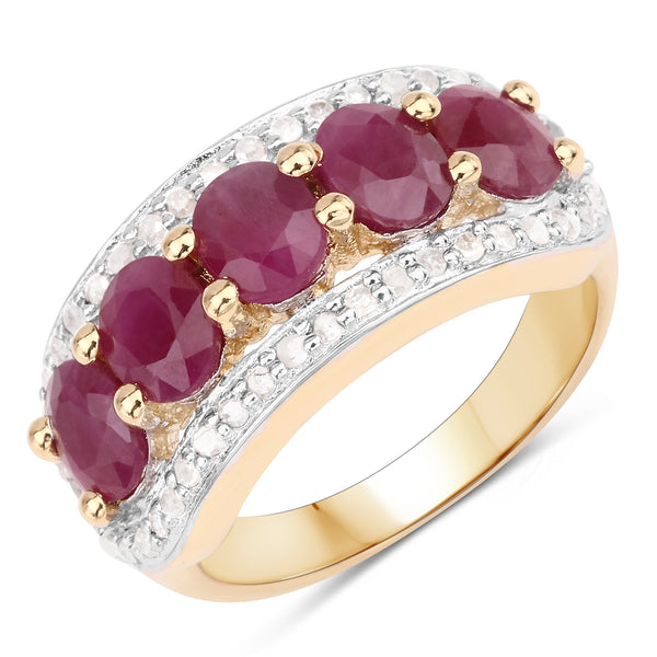 Genuine 14K Yellow Gold Plated Plated Ruby and White Diamond Sterling Silver 5-Stone Ring