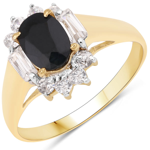 Genuine 14K Yellow Gold Plated Plated Black Sapphire and White Topaz Sterling Silver Cocktail Ring