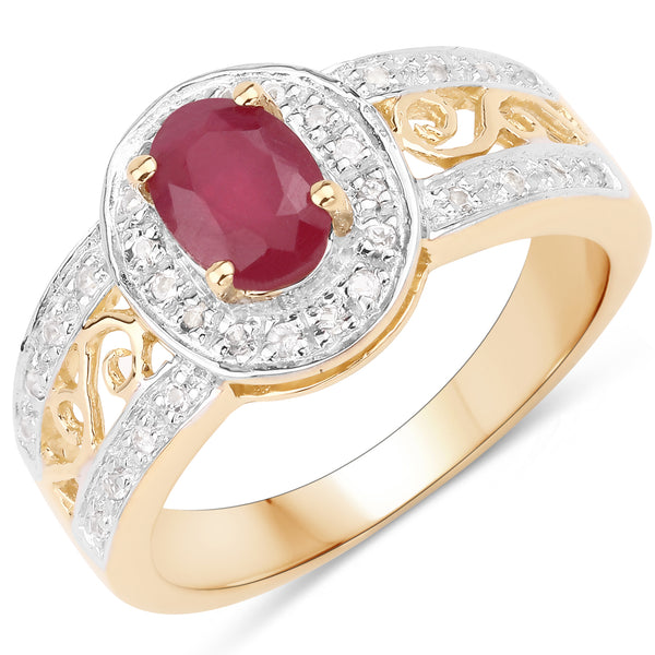 14K Yellow Gold Plated Plated Glass Filled Ruby and White Topaz Sterling Silver Ring
