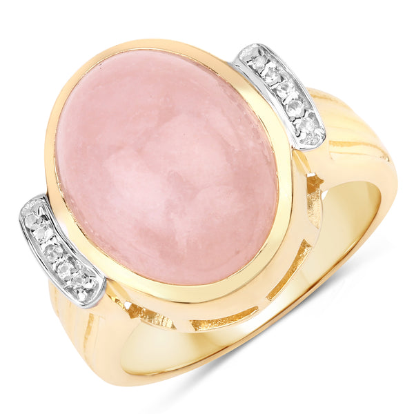 Genuine 14K Yellow Gold Plated Plated Morganite Oval Cabochon and White Topaz Sterling Silver Ring