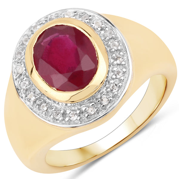 14K Yellow Gold Plated Plated Glass Filled Ruby and White Topaz Sterling Silver Ring