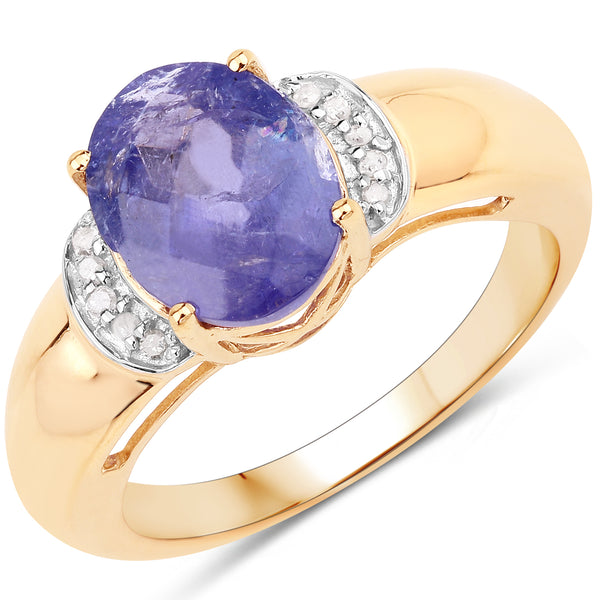 Genuine 14K Yellow Gold Plated Plated Tanzanite and White Diamond Sterling Silver Ring