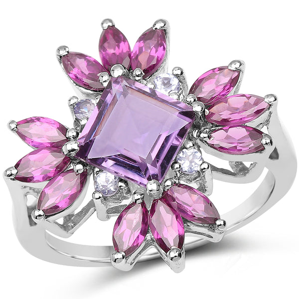 Genuine Amethyst and Rhodolite Garnet Sterling Silver Floral Ring