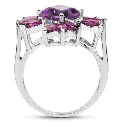 Genuine Amethyst and Rhodolite Garnet Sterling Silver Floral Ring