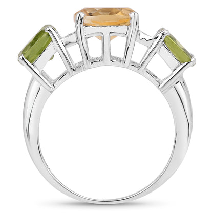 Genuine Citrine, Peridot and White Topaz Sterling Silver 3-Stone Ring
