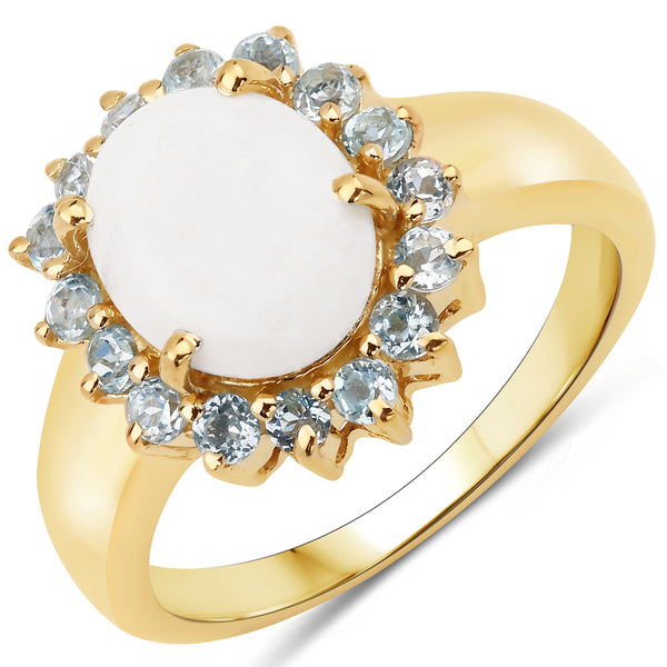 Genuine 14K Yellow Gold Plated Plated Opal and Blue Topaz Sterling Silver Ring