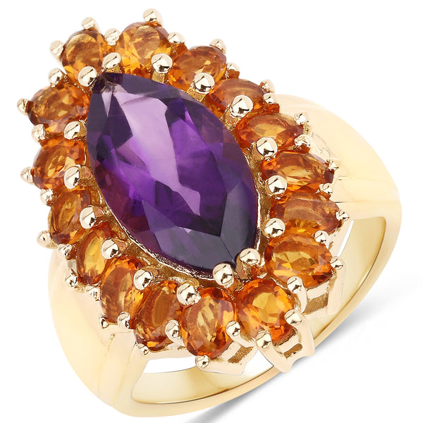 Genuine 14K Yellow Gold Plated Plated Amethyst and Madeira Citrine Sterling Silver Ring