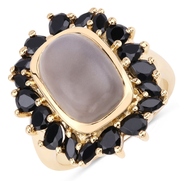 Genuine 14K Yellow Gold Plated Plated Grey Moonstone and Black Spinel Sterling Silver Ring
