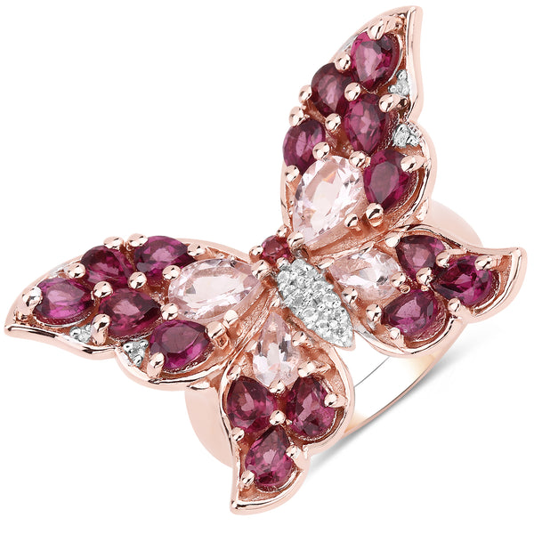 Genuine 14K Rose Gold Plated Morganite, Rhodolite Garnet and White Topaz Sterling Silver Butterfly Ring
