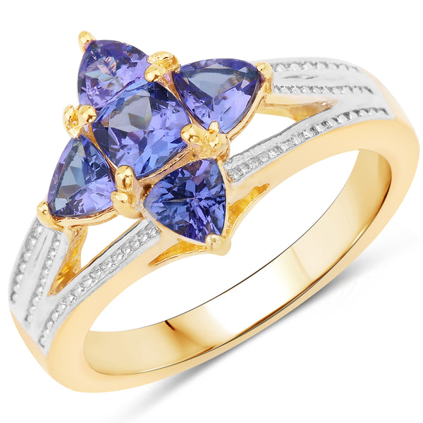 Genuine 14K Yellow Gold Plated Plated Tanzanite Sterling Silver Floral Ring