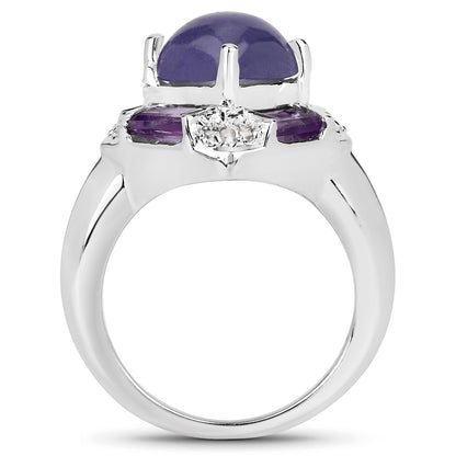 Genuine Tanzanite, Amethyst and White Diamond Cocktail Sterling Silver Ring
