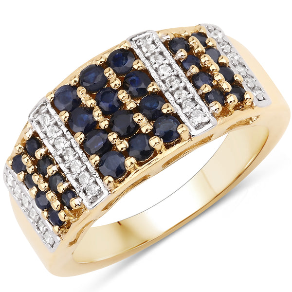Genuine 14K Yellow Gold Plated Plated Ring Blue Sapphire and White Topaz Sterling Silver Ring
