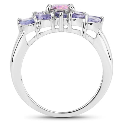 Genuine Rainbow Topaz and Tanzanite Cocktail Sterling Silver Graduated Ring