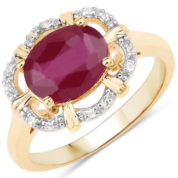 14K Yellow Gold Plated Plated Glass Filled Ruby and White Topaz Sterling Silver Ring