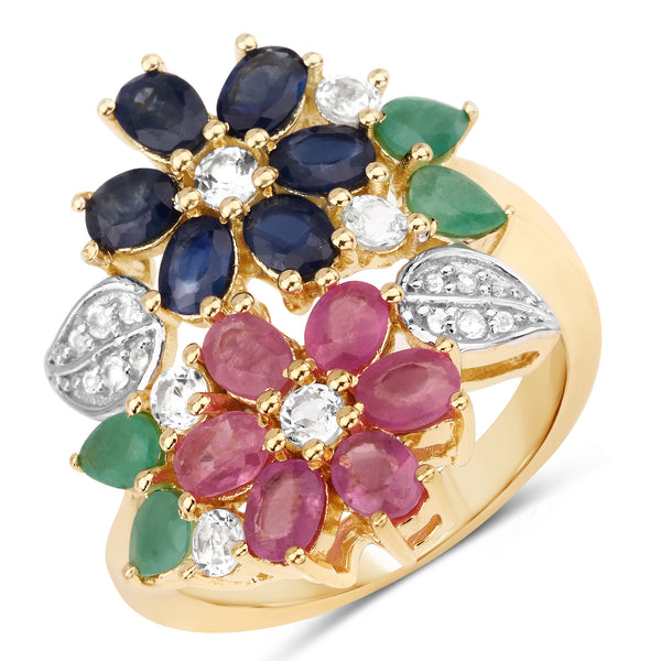 Genuine 14K Yellow Gold Plated Plated Multi-Gemstone Sterling Silver Ring