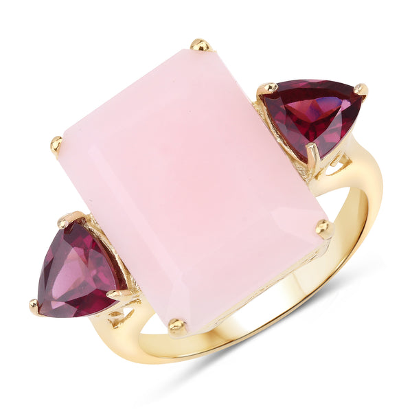 Genuine 14K Yellow Gold Plated Plated Pink Opal and Rhodolite Garnet Sterling Silver Ring