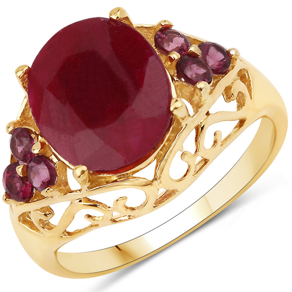 14K Yellow Gold Plated Dyed Ruby and Rhodolite Sterling Silver Filigree Ring