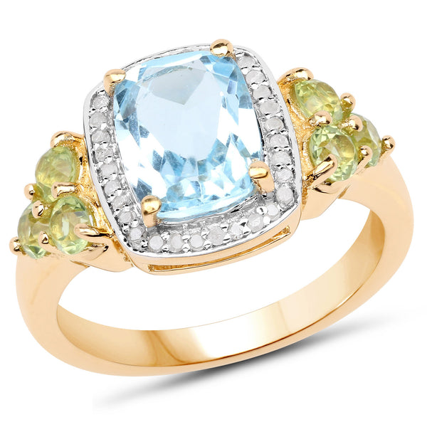 Genuine 14K Yellow Gold Plated Plated Blue Topaz, Peridot and White Diamond Sterling Silver Ring