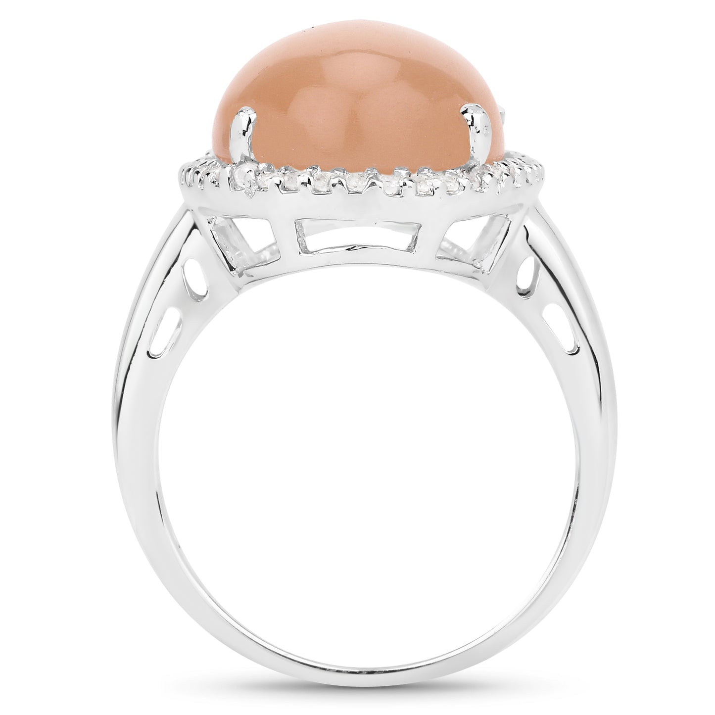 Genuine Peach Moonstone and White Topaz Sterling Silver Halo Ring
