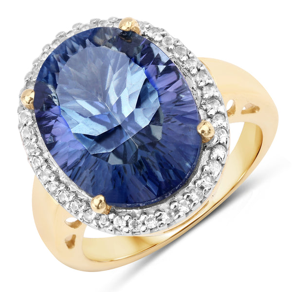 Genuine 14K Yellow Gold Plated Plated Purple Mystic Quartz and White Topaz Sterling Silver Halo Ring