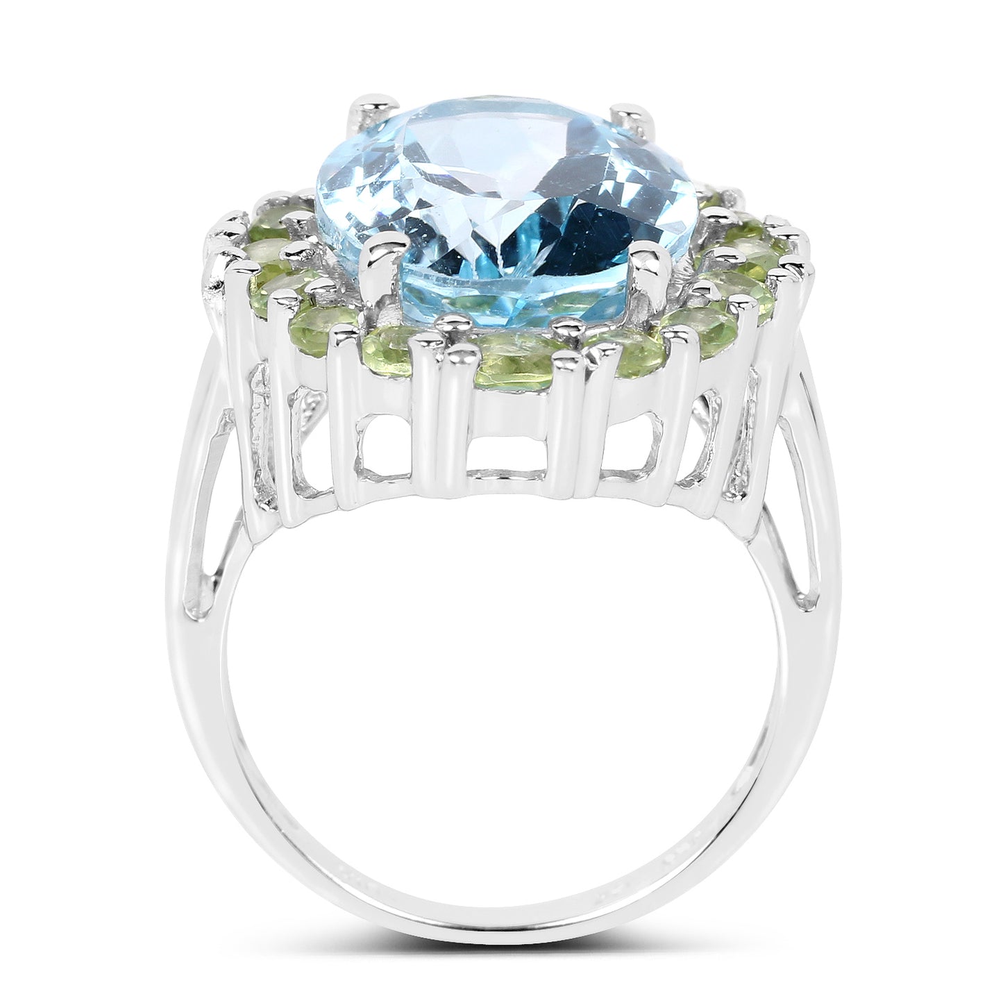 Genuine Blue Topaz and Peridot Sterling Silver Halo Ring