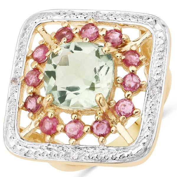 Genuine 14K Yellow Gold Plated Plated Green Amethyst and Ruby Sterling Silver Ring