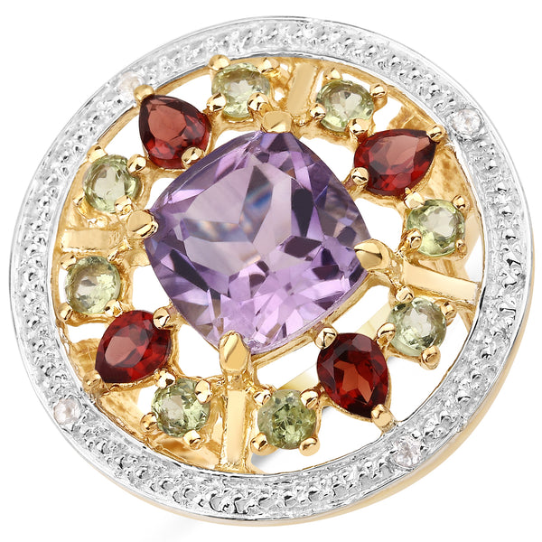 Genuine 14K Yellow Gold Plated Plated Amethyst,Peridot and White Topaz Sterling Silver Cocktail Ring