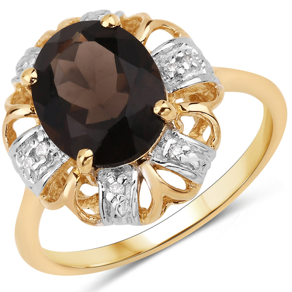 Genuine 14K Yellow Gold Plated Plated Smoky Quartz and White Diamond Sterling Silver Ring