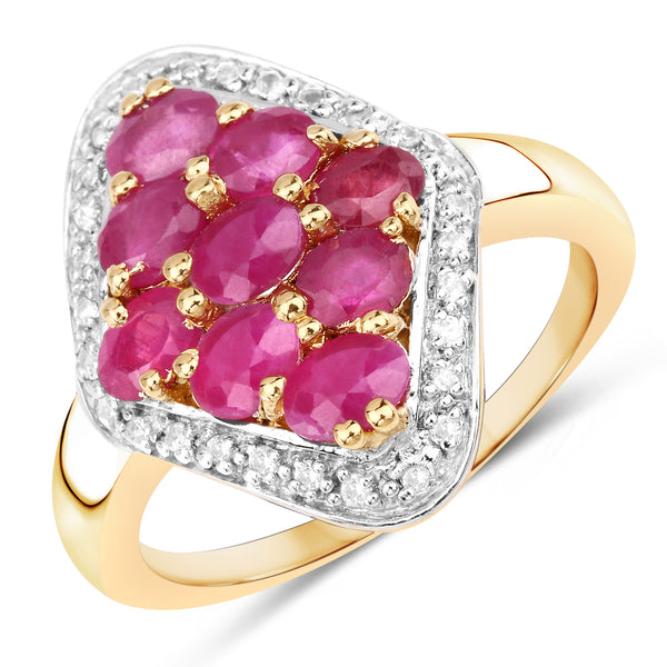 Genuine 14K Yellow Gold Plated Plated Ruby and White Topaz Cluster Sterling Silver Ring