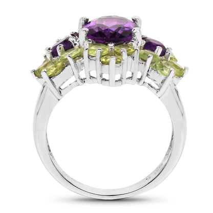 Genuine Amethyst and Peridot Sterling Silver Graduated Ring