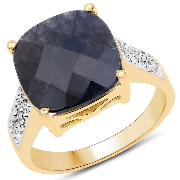 14K Yellow Gold Plated Dyed Sapphire and White Diamond Sterling Silver Bridge Ring