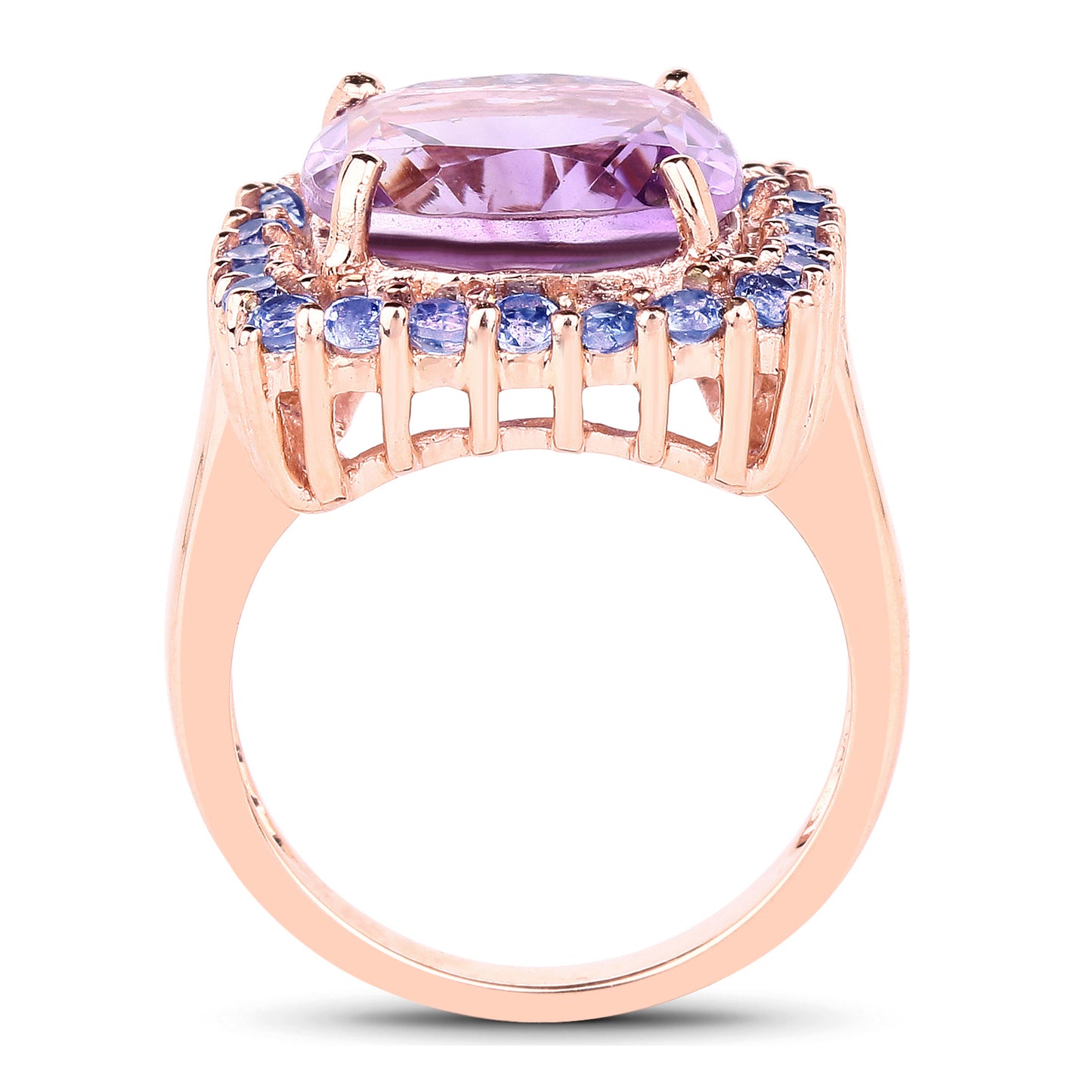 Genuine 14K Rose Gold Plated Amethyst and Tanzanite Sterling Silver Halo Ring