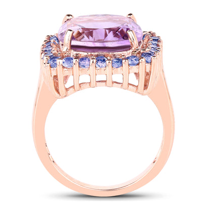 Genuine 14K Rose Gold Plated Amethyst and Tanzanite Sterling Silver Halo Ring