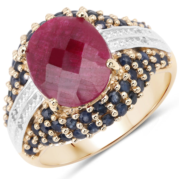 14K Yellow Gold Plated Ring Dyed Ruby, Blue Sapphire and White Sapphire Sterling Silver Ring