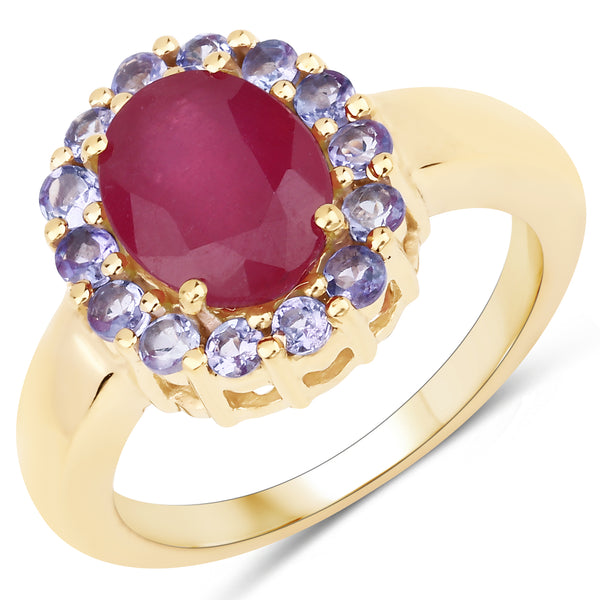 14K Yellow Gold Plated Glass Filled Ruby and Tanzanite Sterling Silver Ring