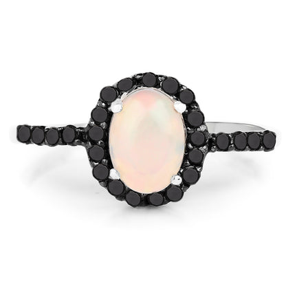 Genuine Ethiopian Opal and Black Diamond Sterling Silver Graduated Ring