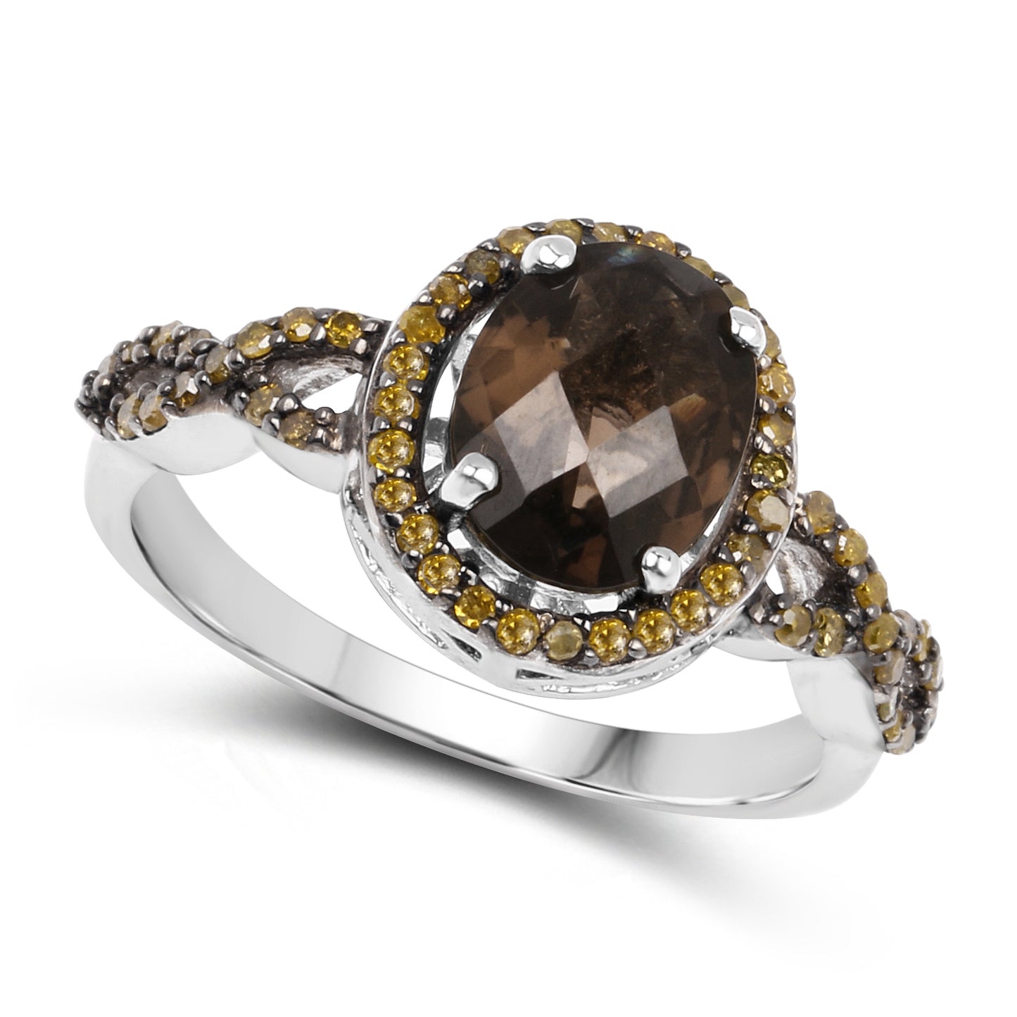Genuine Smoky Quartz and Yellow Diamond Sterling Silver Graduated Ring