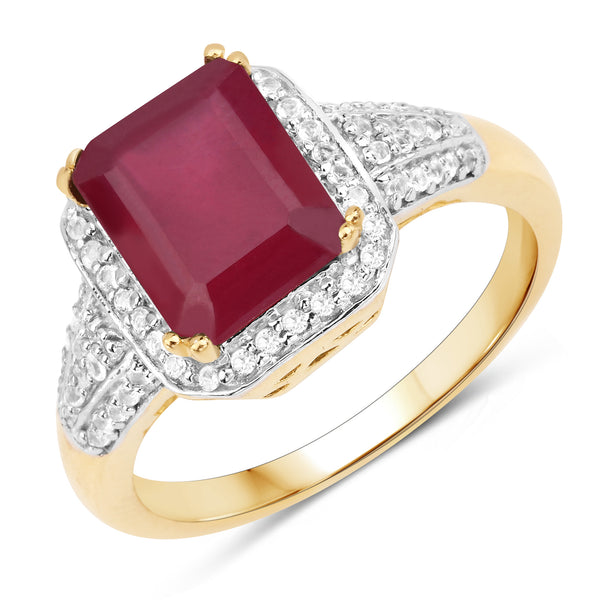 14K Yellow Gold Plated Glass Filled Ruby and White Topaz  Sterling Silver Ring