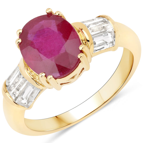 14K Yellow Gold Plated Glass Filled Ruby and White Topaz Sterling Silver Bridge Ring