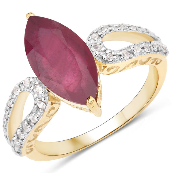 14K Yellow Gold Plated Glass Filled Ruby and White Topaz Sterling Silver Bridge Ring