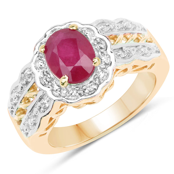 14K Yellow Gold Plated Glass Filled Ruby and White Topaz Sterling Silver Halo Ring