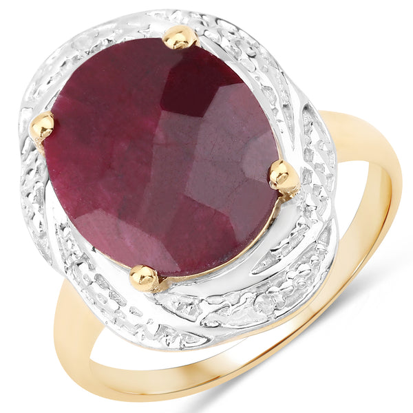 14K Yellow Gold Plated Dyed Ruby and White Diamond Sterling Silver Ring