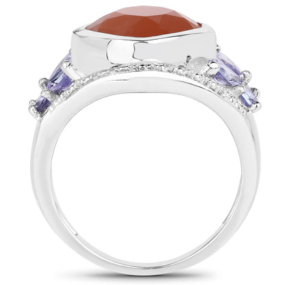 Genuine Peach Moonstone and Tanzanite Sterling Silver Graduated Ring